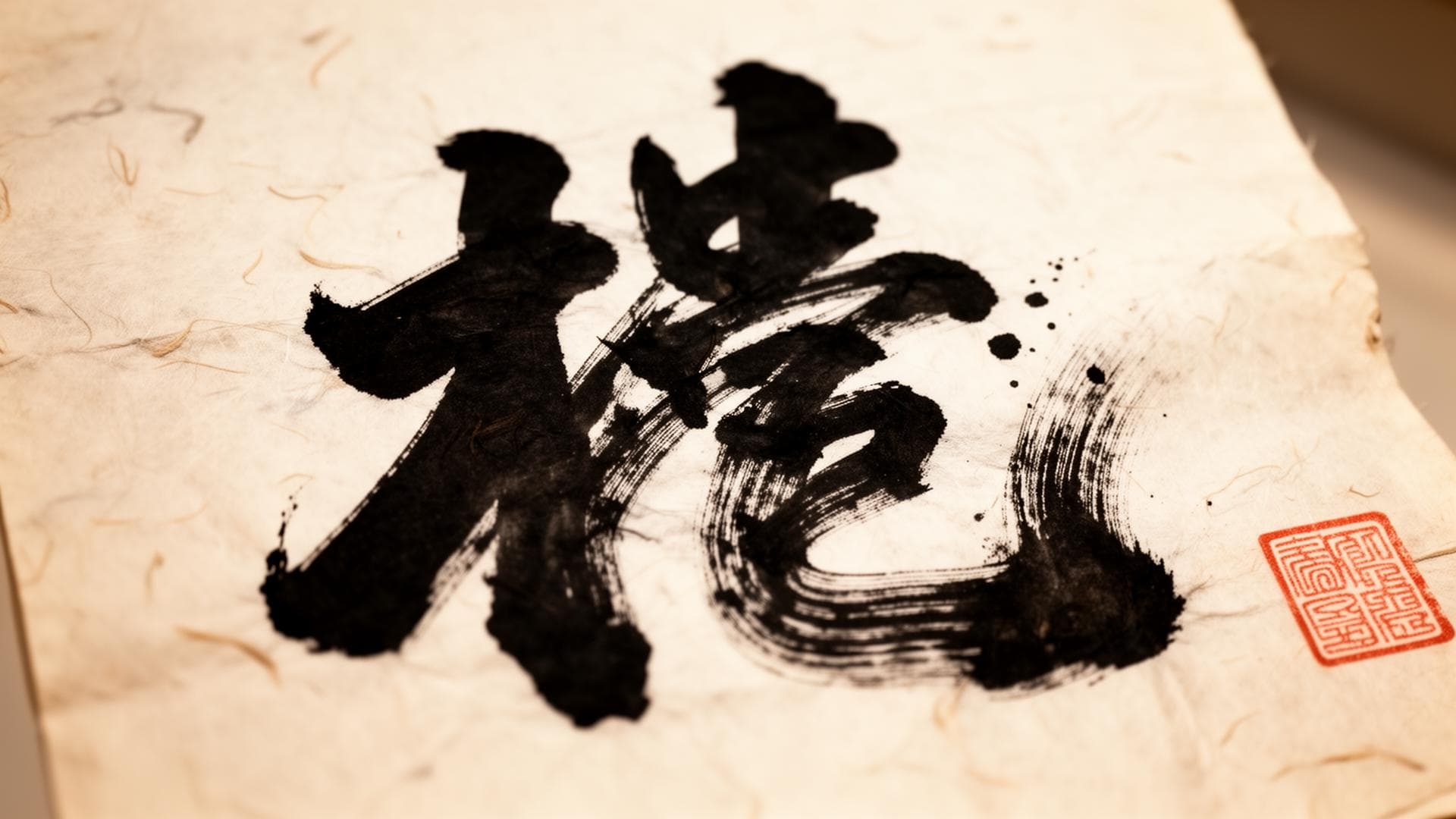 Bold Chinese character in black ink on aged rice paper with a vermilion seal